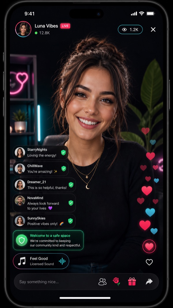 Example of a compliant live: creator present on camera, moderated chat, licensed sound